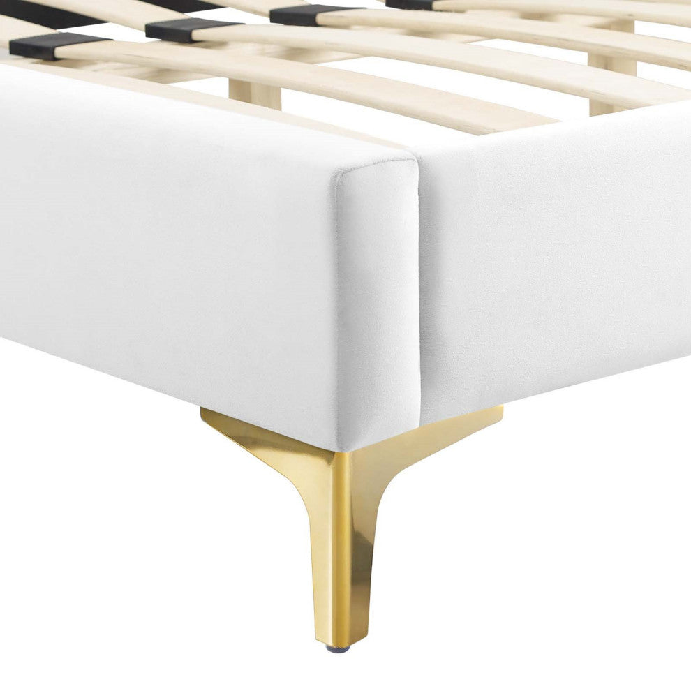 Platform Bed Frame, King Size, White, Velvet, Modern, Bedroom Guest Suite