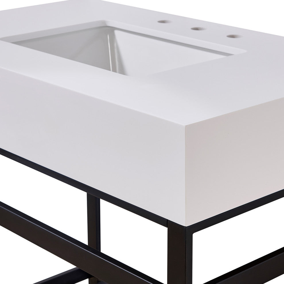 Edolo Engineered Stone Vanity Top, Snow White Apron With White Sink, 36"