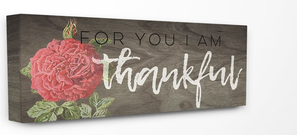 For You I Am Thankful Red Rose Oversized Stretched Canvas Wall Art, 13"x30"