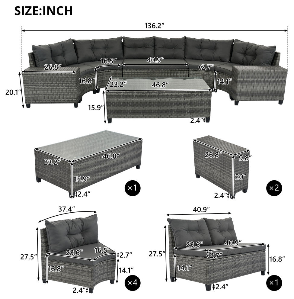 8 Pieces Outdoor Wicker Curved Patio Sectional with Coffee Table and Cushions, Gray