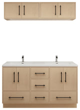 Victoria 60" Solid Wood Vanity Double Sink, Overhead Cabinet, Yellow Oak