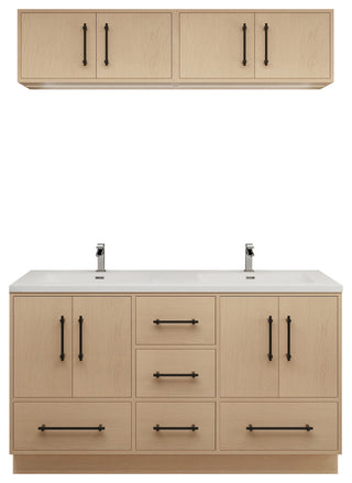 Victoria 60" Solid Wood Vanity Double Sink, Overhead Cabinet, Yellow Oak