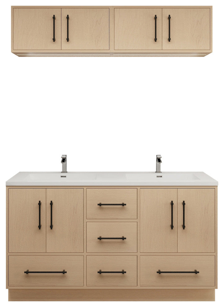 Victoria 60" Solid Wood Vanity Double Sink, Overhead Cabinet, Yellow Oak
