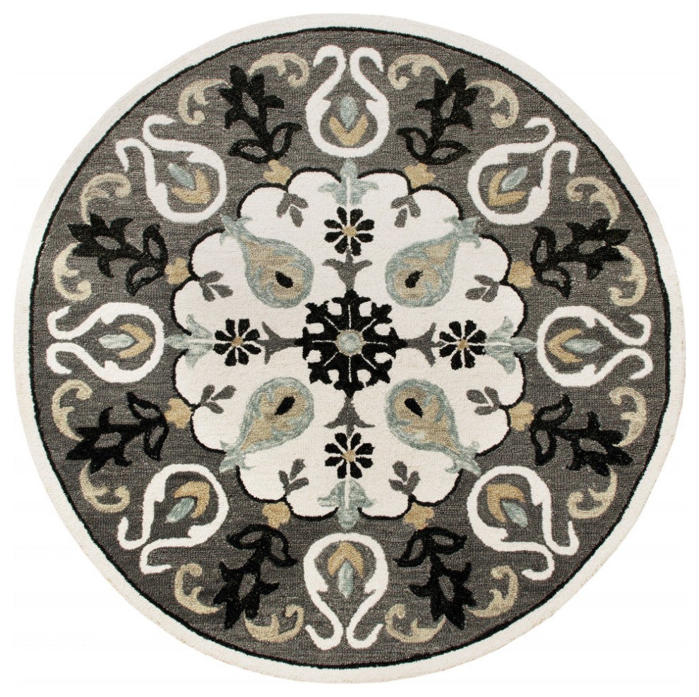7' Gray Round Wool Hand Hooked Handmade Area Rug
