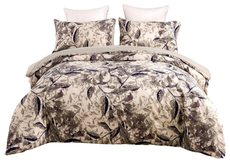 Wispy Leaf Taupe Gray Microfiber Duvet Cover, Cal King