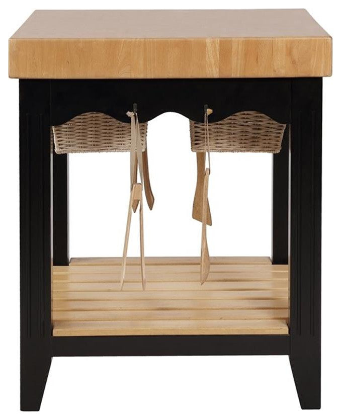 Linon Kolton Butcher Block Kitchen Island 2 Baskets in Black/Natural Wood