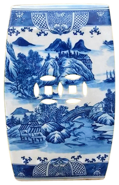 Chinese Blue and White Blue Willow Square Garden Stool 18"