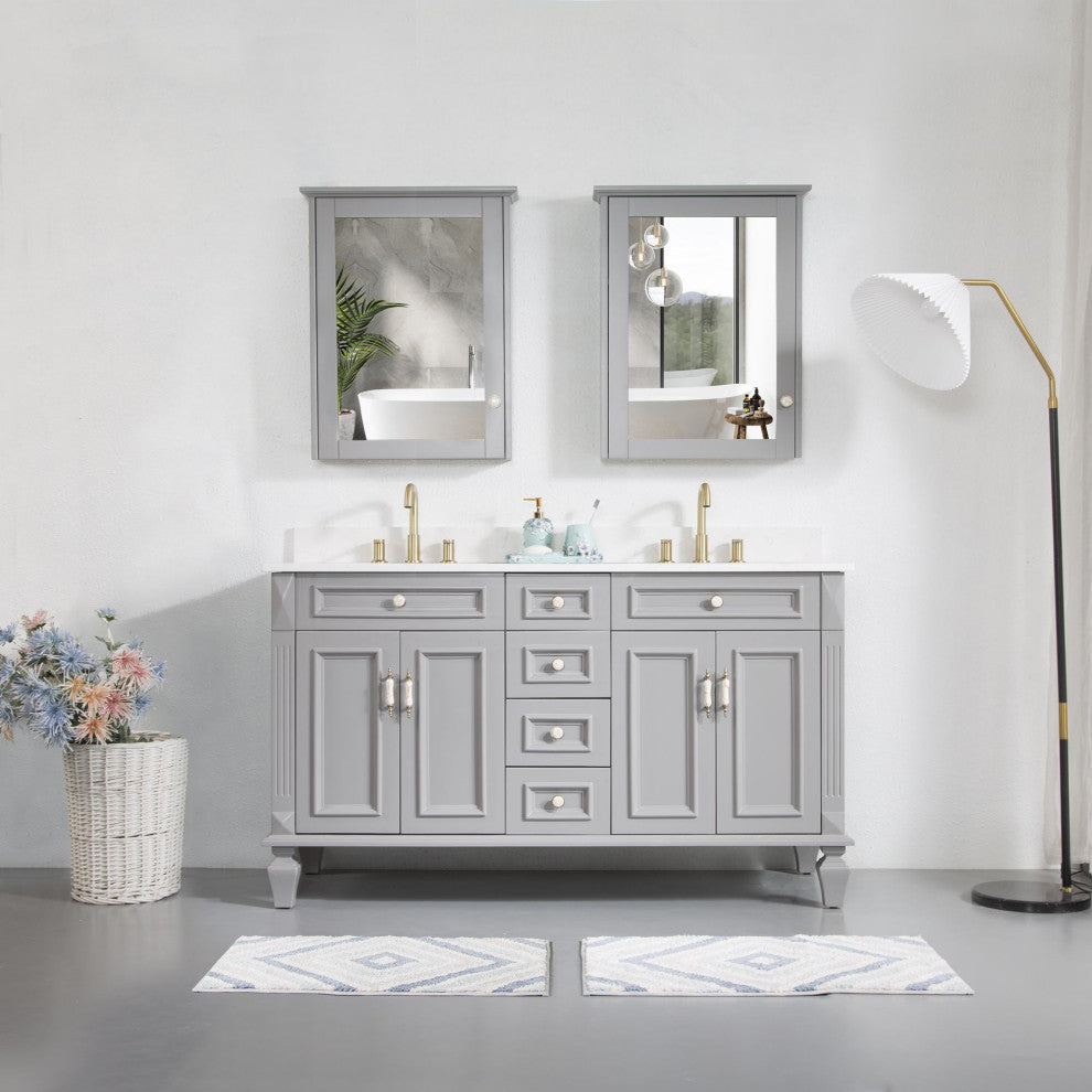 60 In Bath Vanity Set with 2 Mirror Cabinets, Quartz Top, 2 cUPC Certified Sinks, Titanium Grey