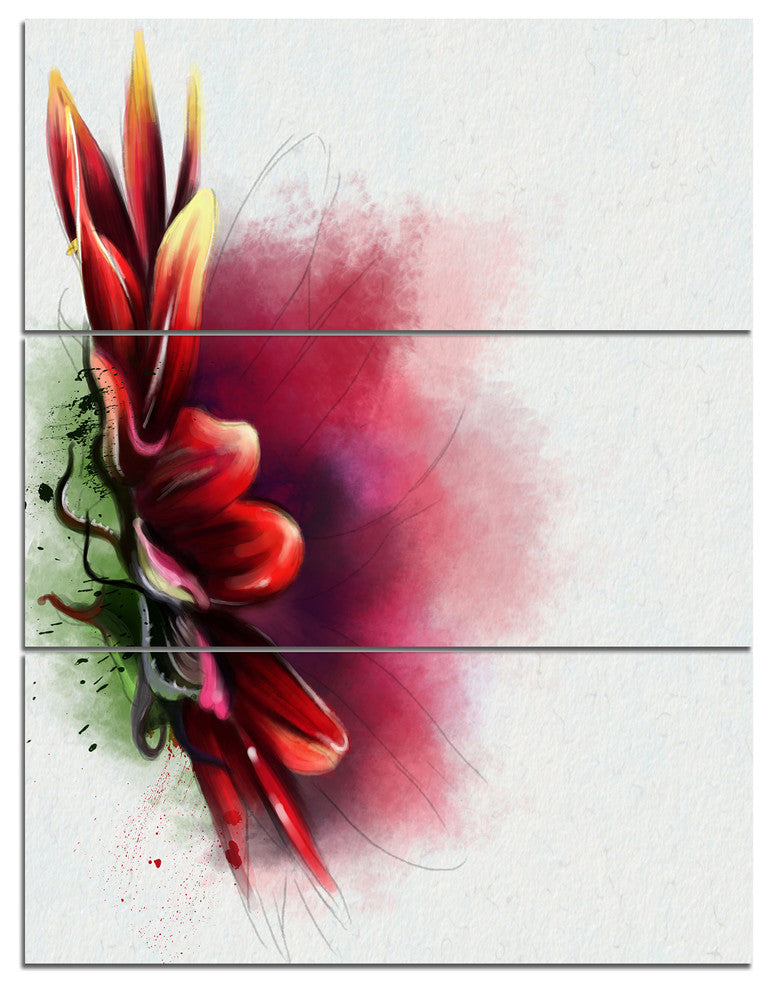 Red Sunflower Watercolor Sketch, Flowers Canvas Wall Artwork, 28x36, 3 Panels