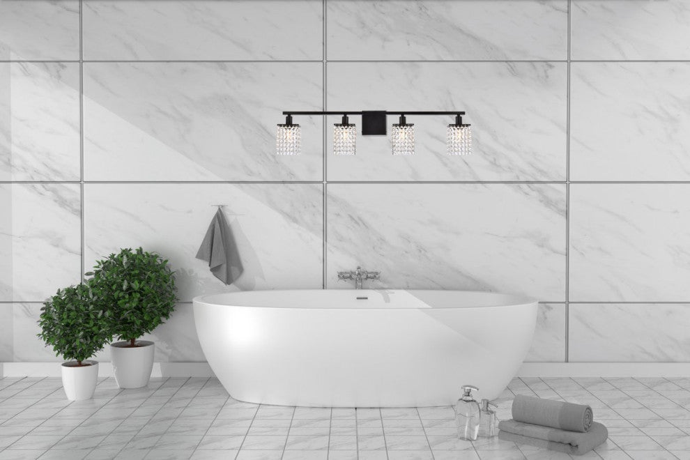 Phillip 4-Light Bath Sconce, Black With Clear Crystals