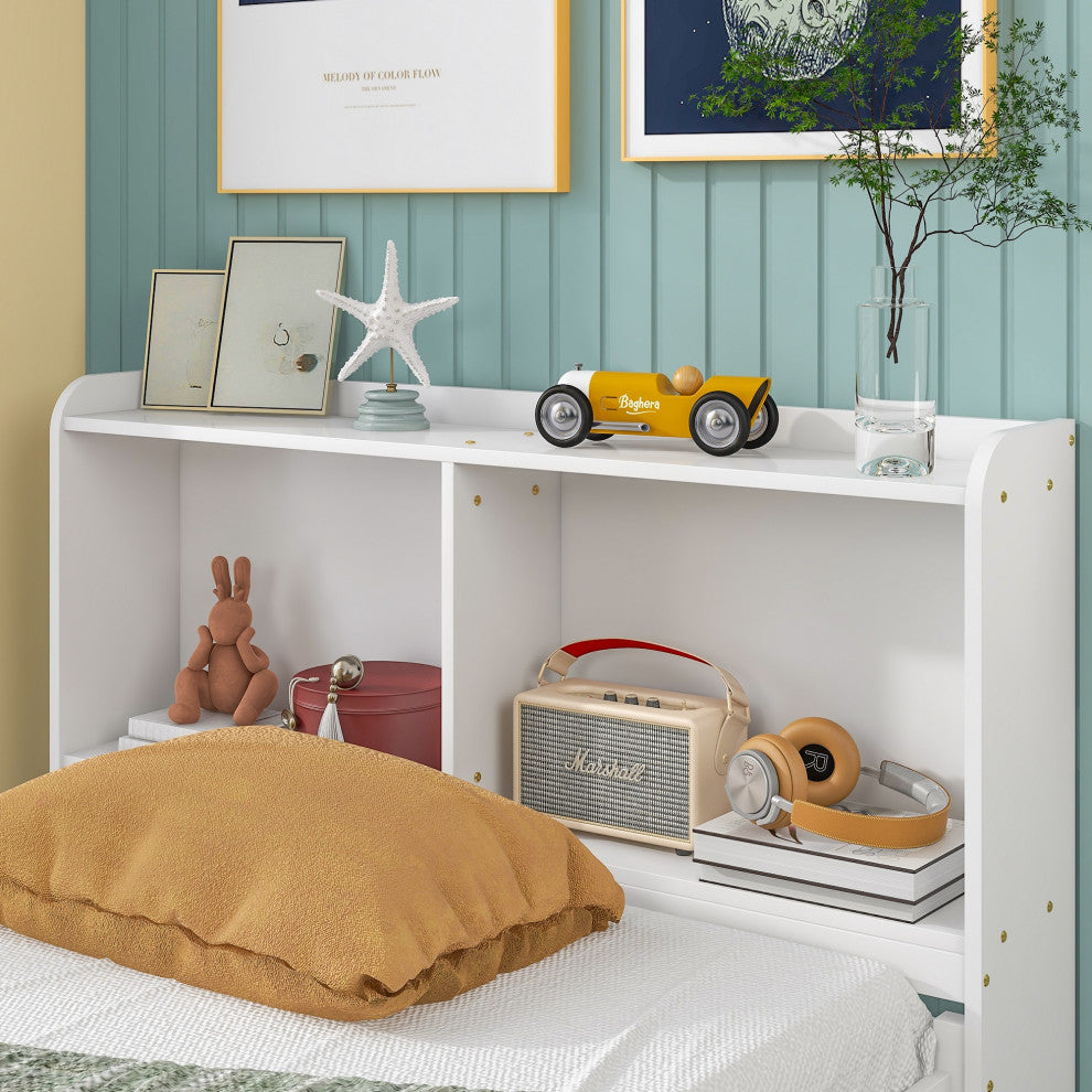 Full/Twin Wood Frame Platform Bed with Trundle and Drawers, White, Twin