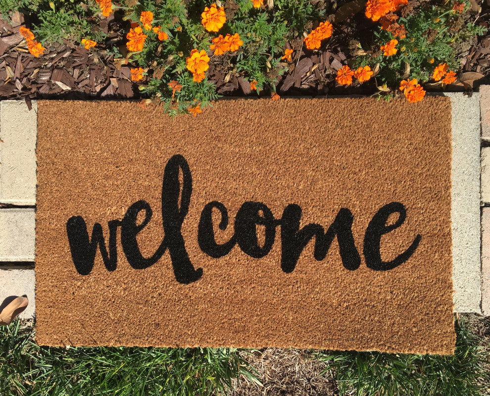 Hand Painted "Welcome" Script Doormat, Amazon Dark Green