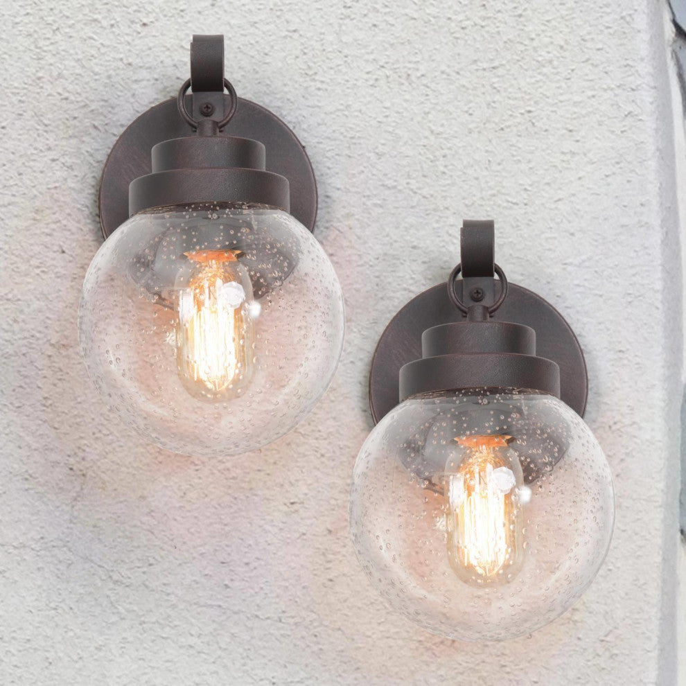 1-Light Seeded Glass Globe Outdoor Wall Light, Set of 2, Rustic Bronze, 10"