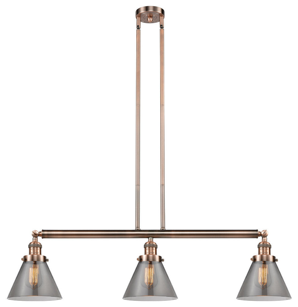 Large Cone 3-Light Island Light, Smoked Glass, Antique Copper
