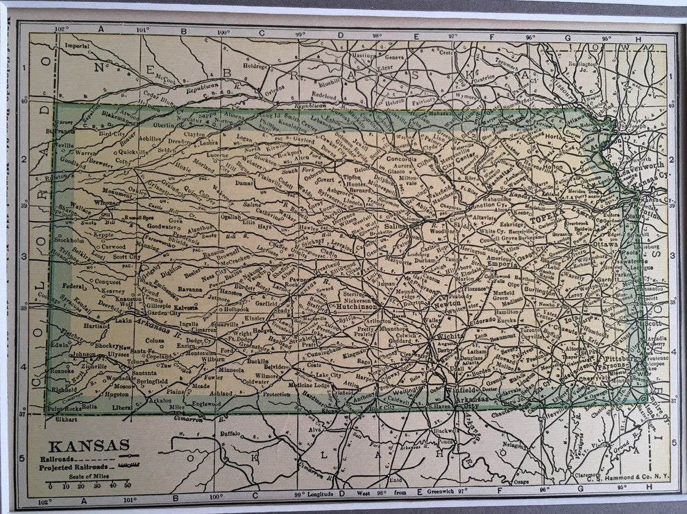 Vintage Kansas Map, Framed Original Kansas State Map- Authentic 1920s