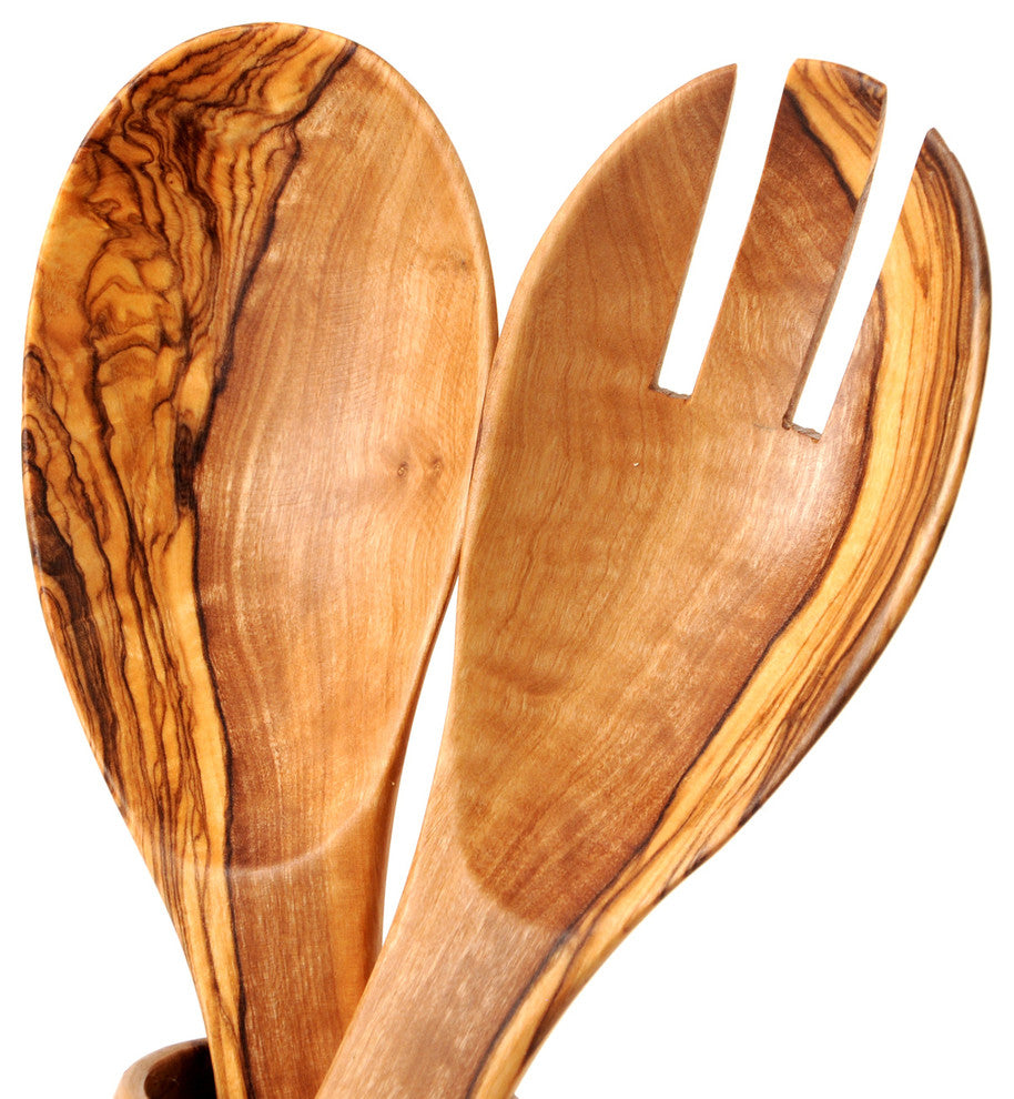 Handmade Olive Wood 9" Curved Salad Server, Set of 2