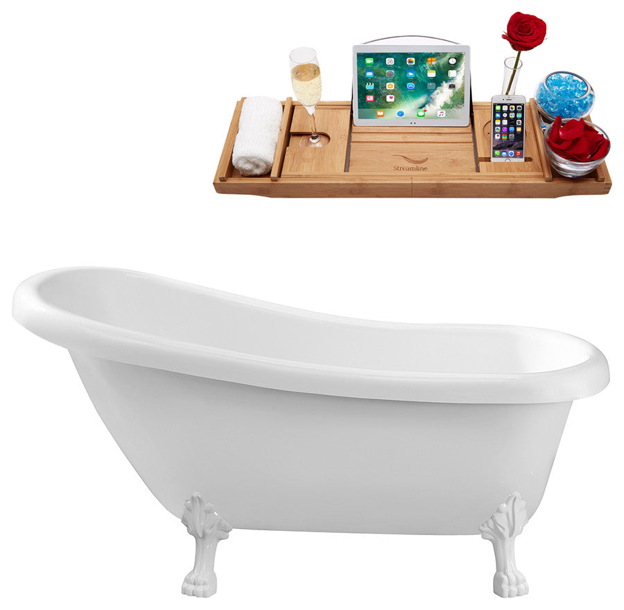 61" Streamline N480WH-IN-WH Soaking Clawfoot Tub and Tray With Internal Drain