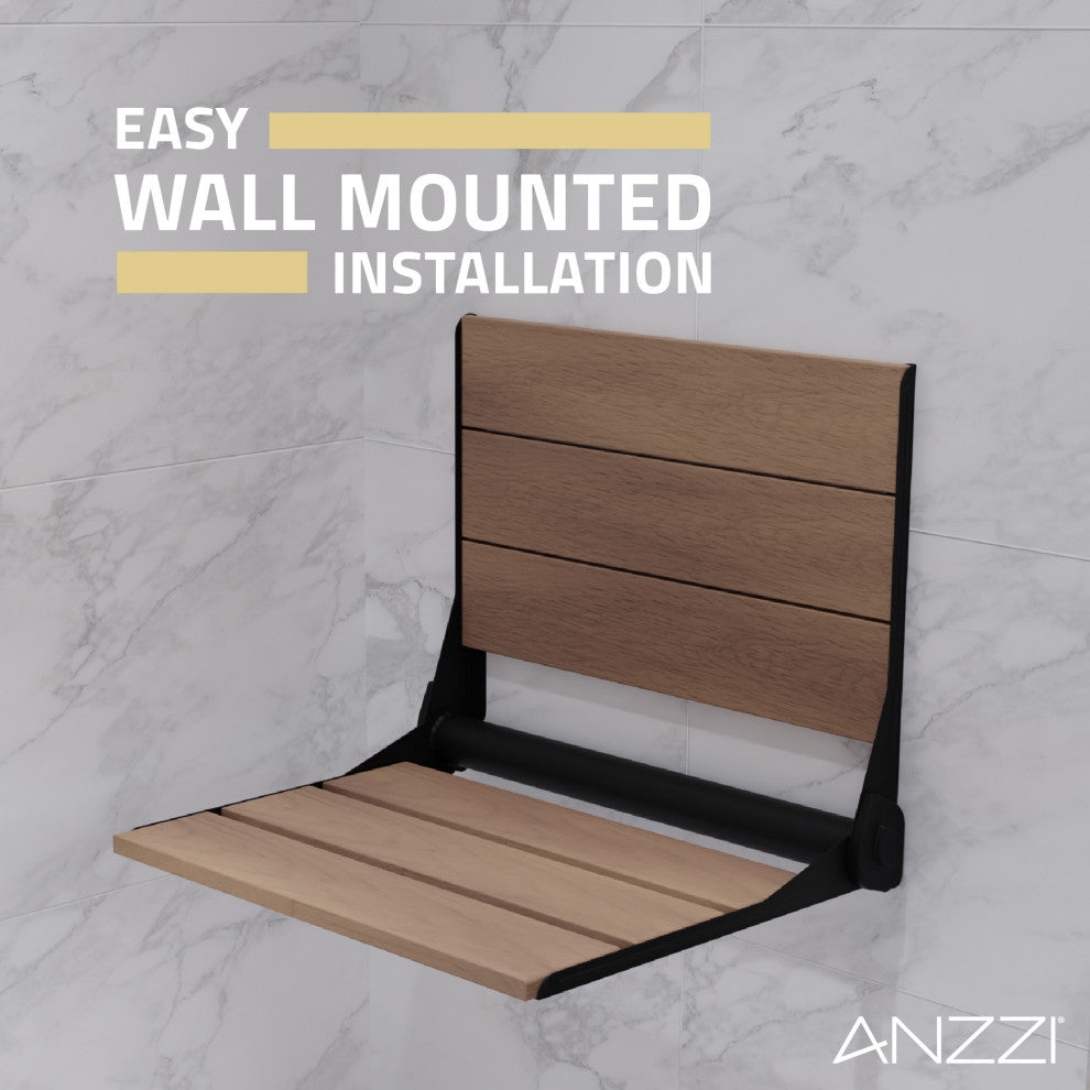 Saxon 17 in. Teak Wall Mounted Folding Shower Seat, Matte Black