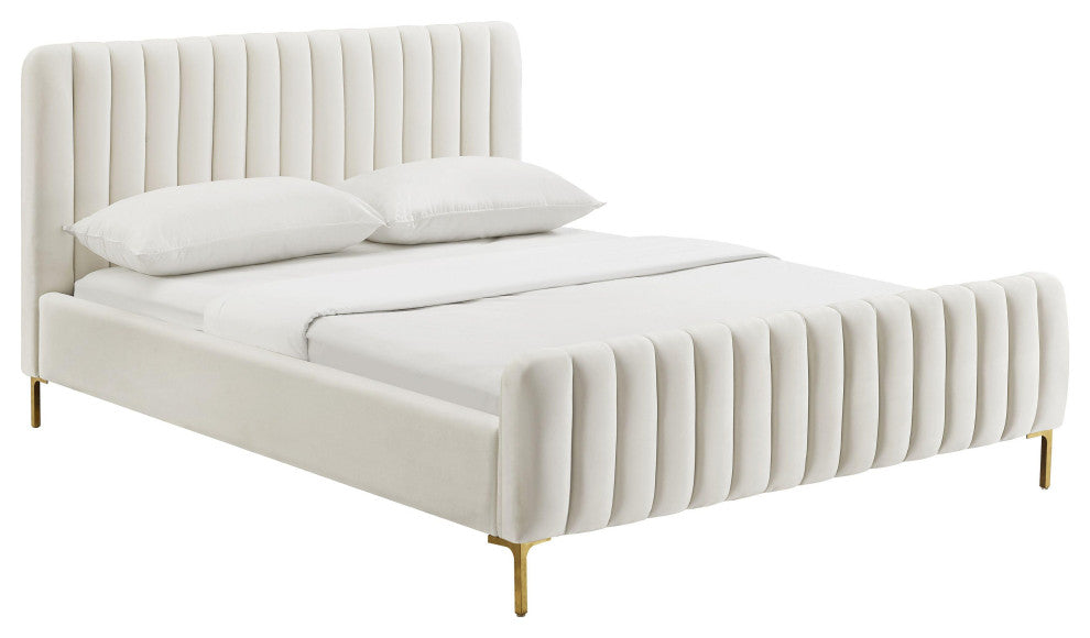 Angela Velvet Upholstered Bed, Cream, King