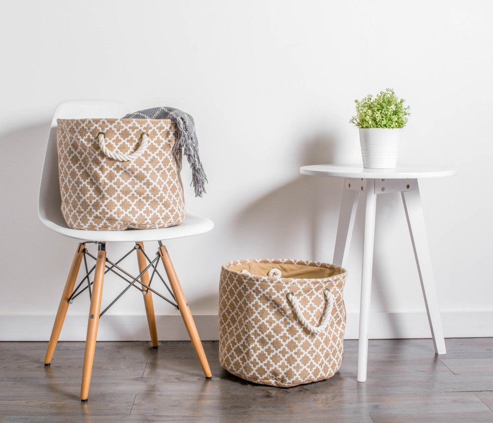 Burlap Bin Lattice White Round Large 15"x16"x16"