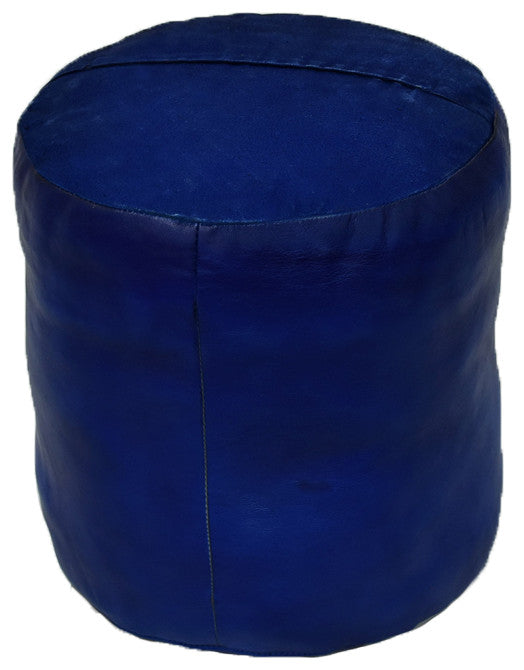 Pouf-Solid Handmade Leather Pouf (Recycled Foam with Fiber Fill), Blue, [Round)16x16x16