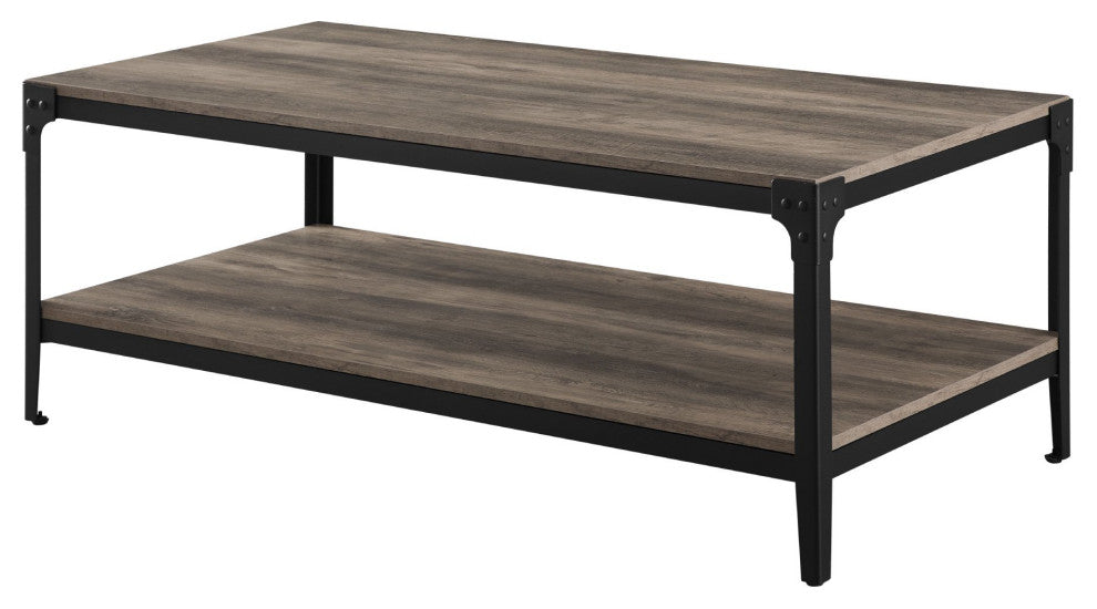 Rustic Coffee Table, Metal Frame With Large Top & Open Shelf, Reclaimed Barnwood