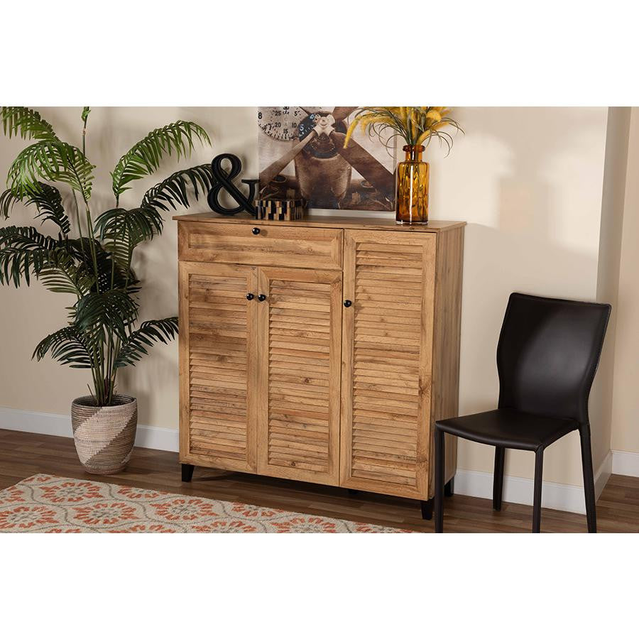 Coolidge Oak Brown Finished Wood 3-Door Shoe Storage Cabinet With Drawer