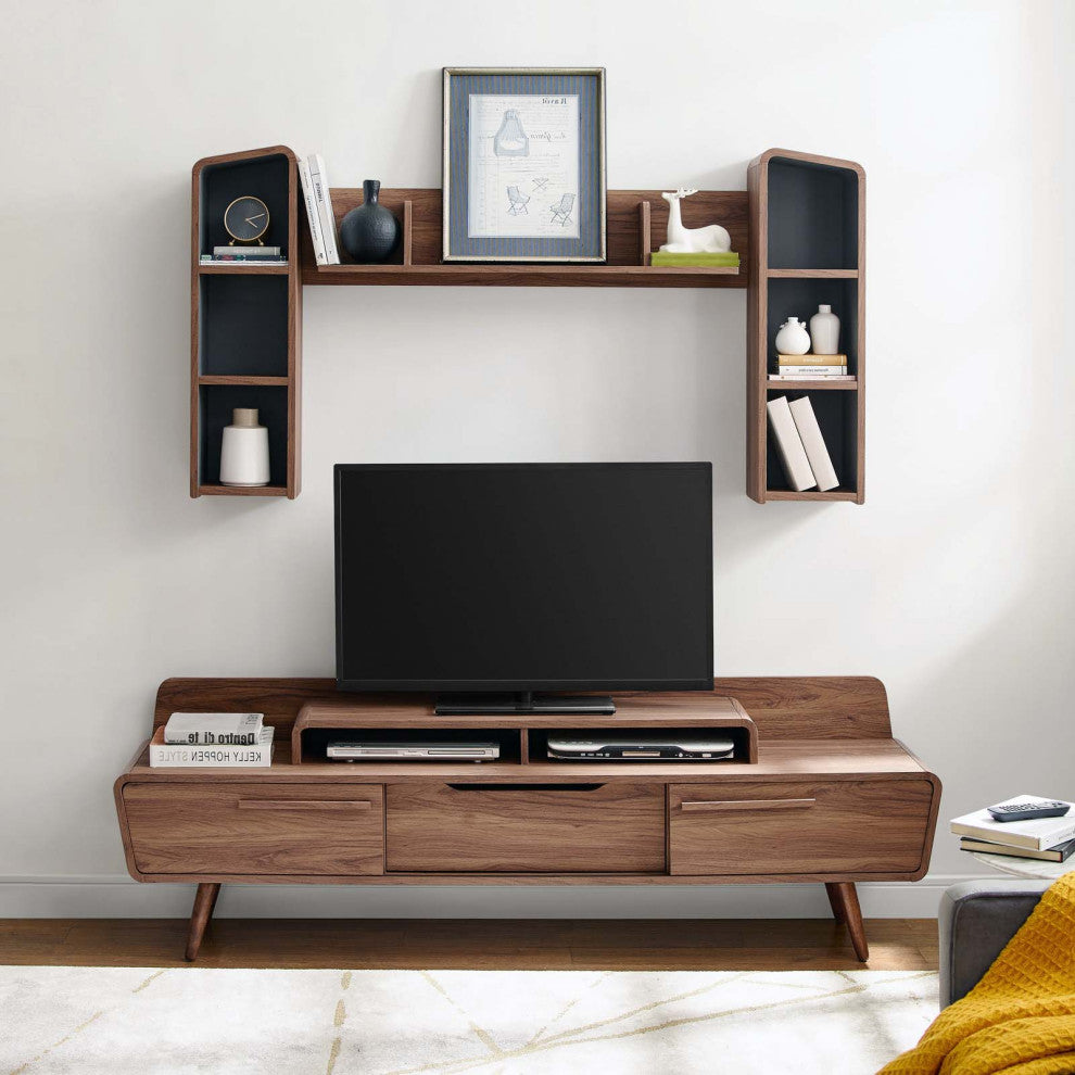 Modern Lounge Media TV Stand Storage Set, Wood, Natural Walnut Gray Grey