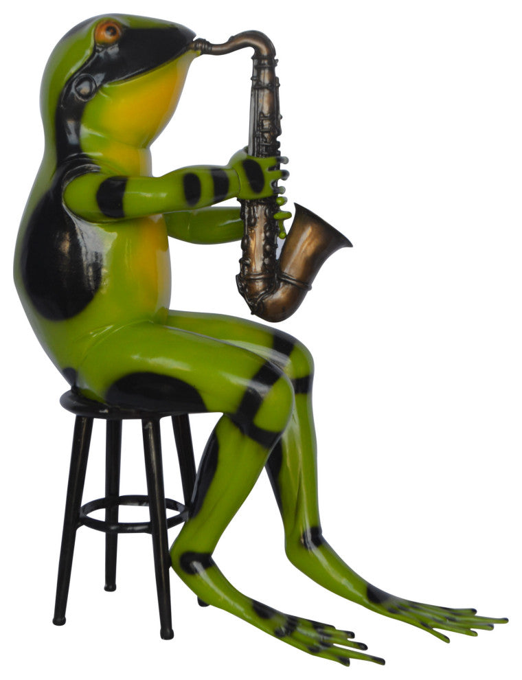 Green frog playing saxophone bronze statue - Size: 23"L x 15"W x 30"H.