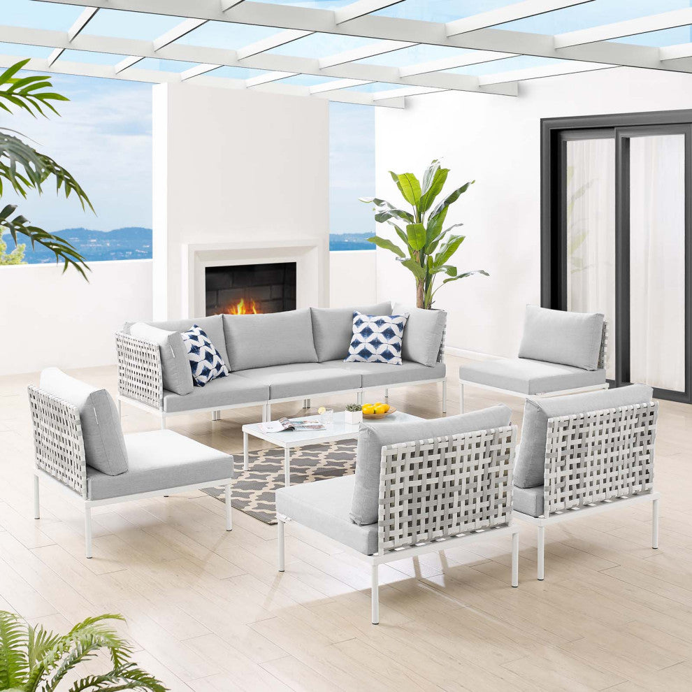 Lounge Sectional Sofa Chair Table Set, Sunbrella, Aluminum, Gray, Outdoor