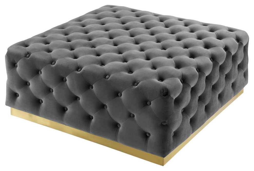 Tufted Accent Chair Ottoman, Square, Velvet, Gray, Modern, Lounge