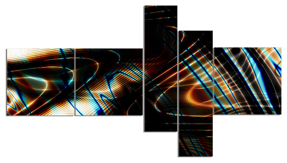 Fractal Curved Brown Black Stripes, Abstract Canvas Art Print, 60"x32", 5 panels