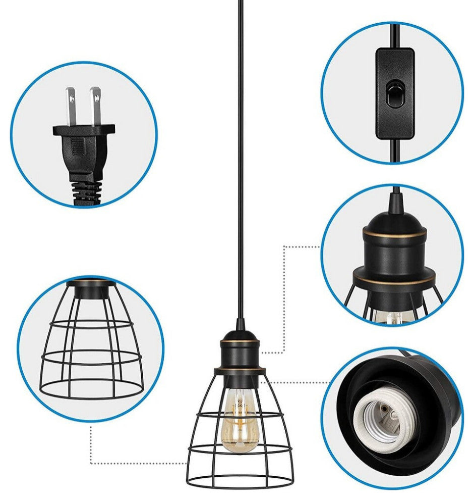 2 Pack Plug in Pendant Light Industrial Cage Pendant Lamp