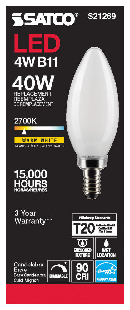 4W B11 LED, Frost, Candelabra Base, 90 CRI, 2700K, 120V