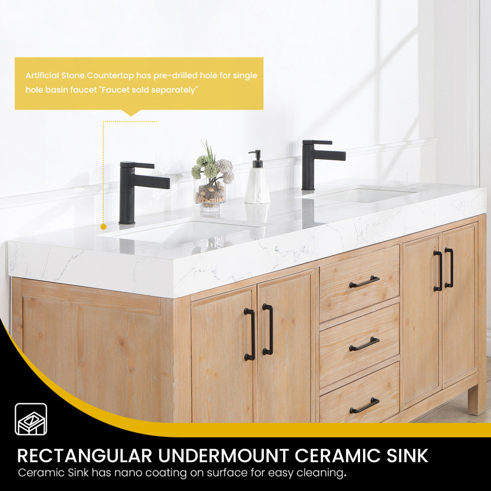 Leon Bath Vanity With Composite Stone Top, Fir Wood Brown, 72", With Mirror