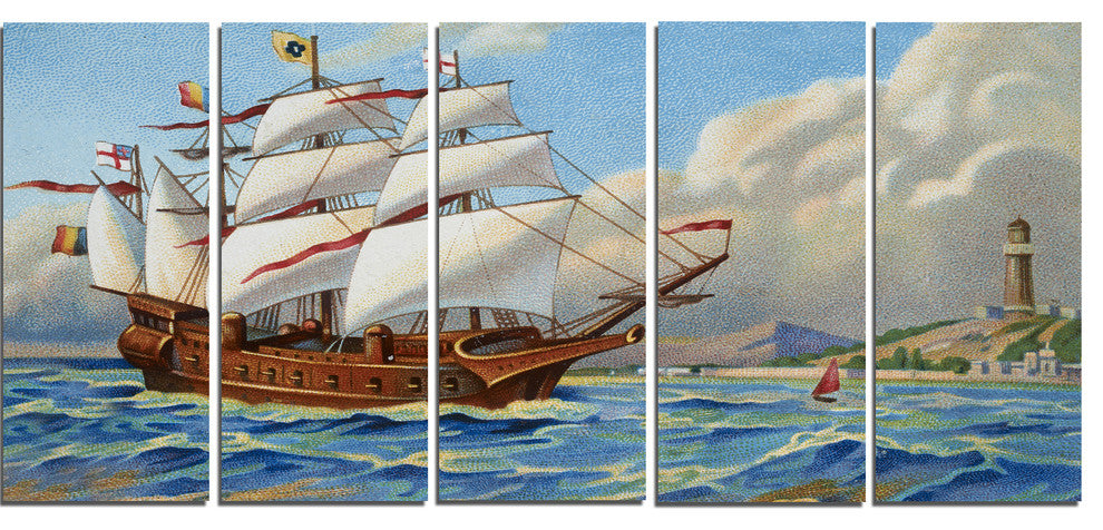 "Ancient Boat Drifting in Sea" Canvas Print, 5 Panels, 60"x28"