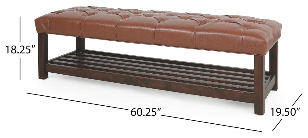 Pelon Contemporary Button Tufted Bench With Shelf, Cognac Brown/Dark Walnut
