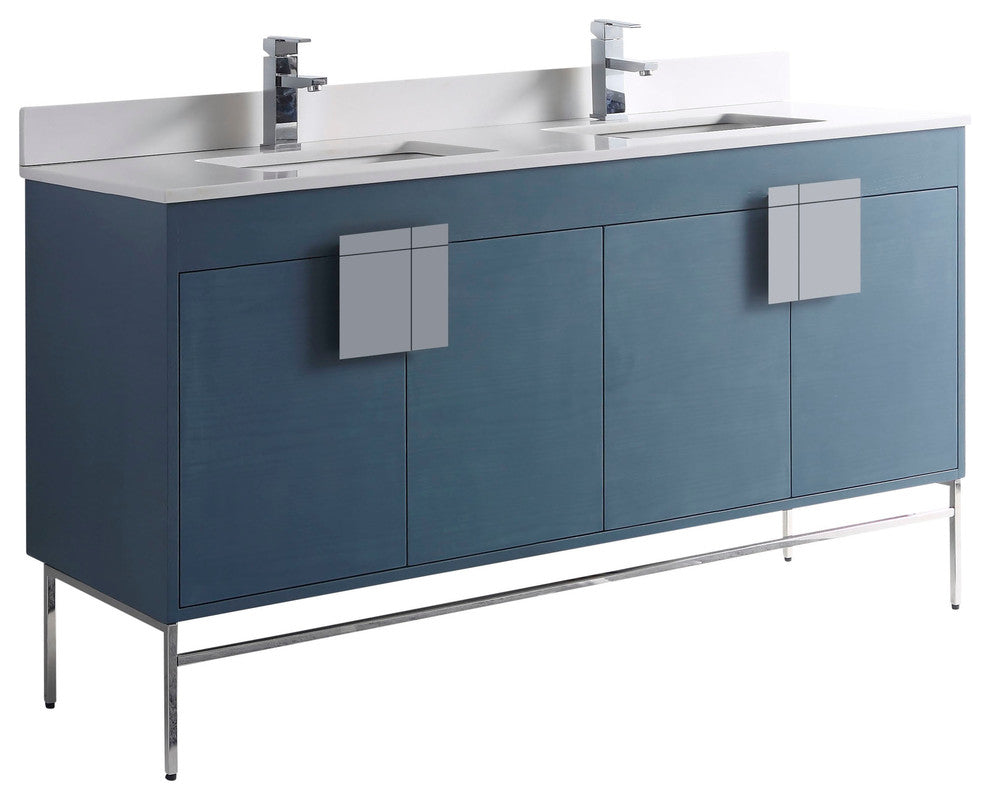 Modern Blue Bathroom Vanity Set, Chrome Hardware, Marbel Top