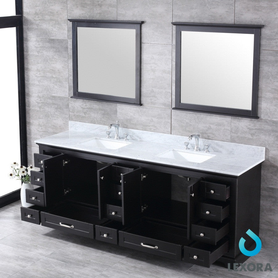 84" Espresso Double Vanity, White Carrara Marble Top, White Sinks & 34" Mirrors