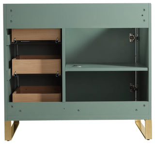 Opulence Bath Vanity, Mint Green, 36", Satin Brass Hardware, White Top