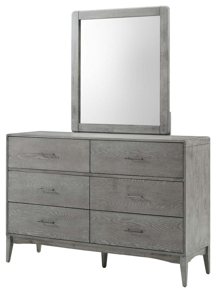 Dresser Drawer Chest Mirror Set, Wood, Gray, Modern Farmhouse Living