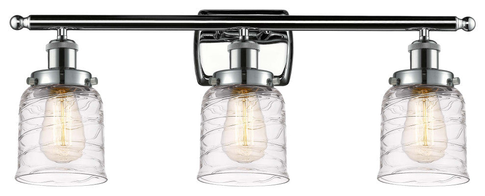 Small Bell 3 Light Bath Vanity Light, Polished Chrome, Deco Swirl