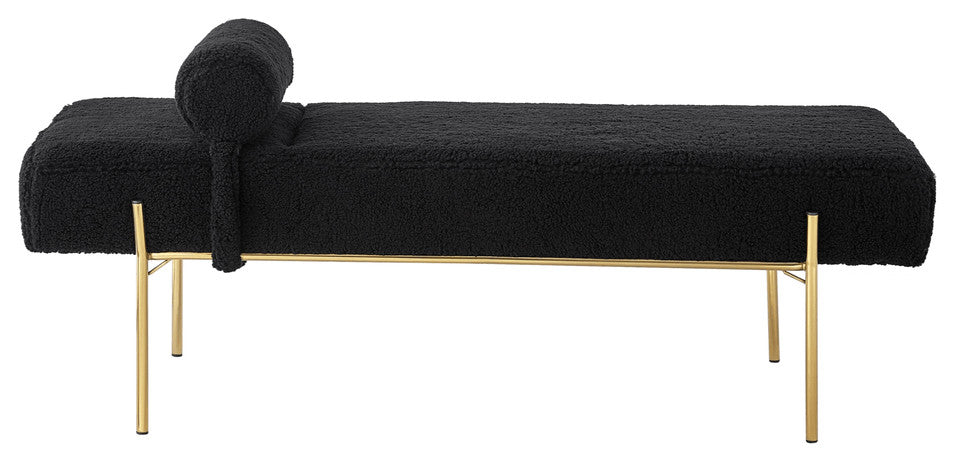 56" Black And Gold Upholstered Sherpa Bench