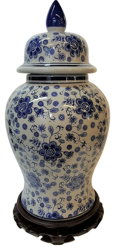 Mod Blue and White 18" Temple Jar With Art Deco Floral