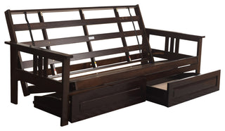 Caleb Frame Futon With Espresso Finish, Storage Drawers, Suede Blue