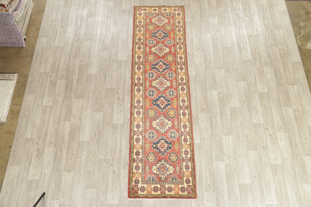 Traditional Kazak Oriental Hand Made Pakistani Wool Runner Rug, Red, 9'10"X2'8"