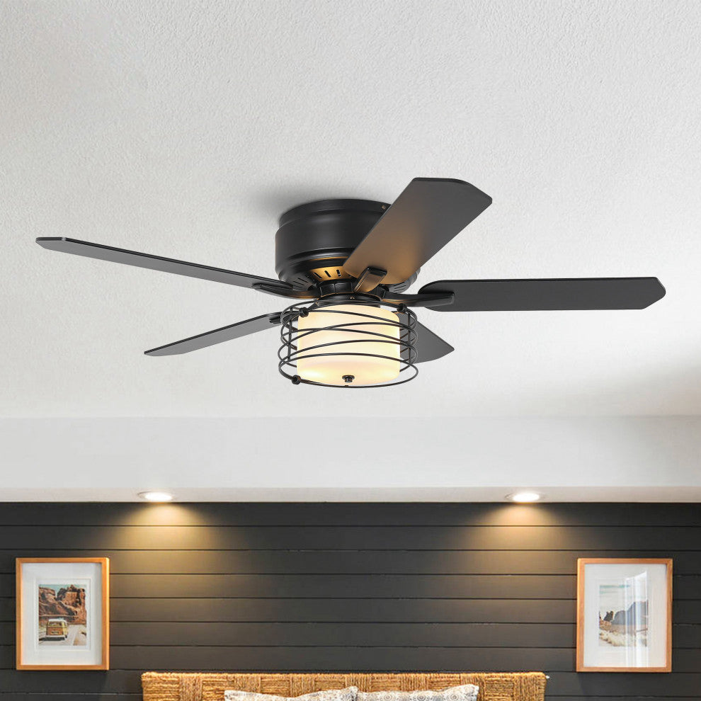48 Black 5  Blades Industrial Flush Mounted LED Ceiling Fan With Remote Control