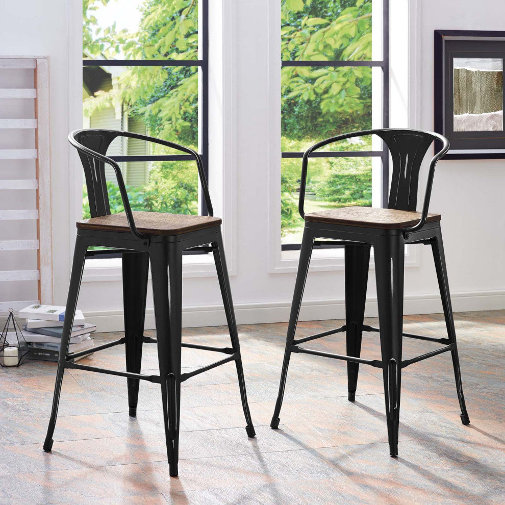 Bar Stool Chair Barstool, Set of 2, Wood, Metal, Black, Modern, Bar Pub Bistro