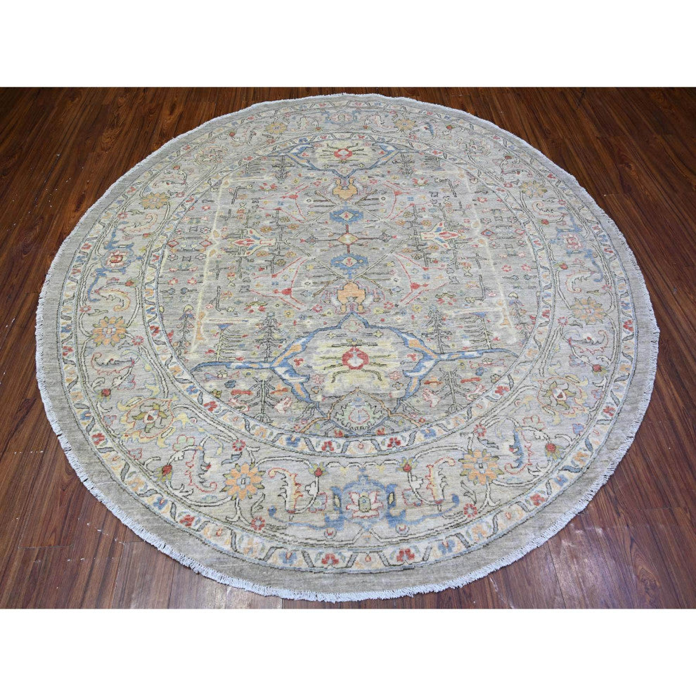 Gray Ziegler Mahal Hand Knotted Pure Wool Round Oriental Rug, 8'x8'