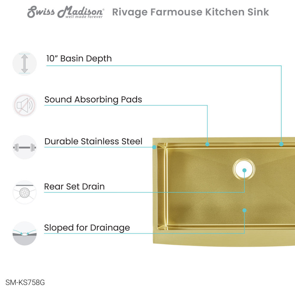 Rivage 33"x21" Stainless Steel Farmhouse Kitchen Sink, Gold
